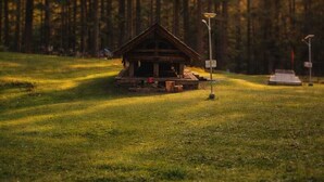 Eine Hütte im Wald bei blauem Himmel.
