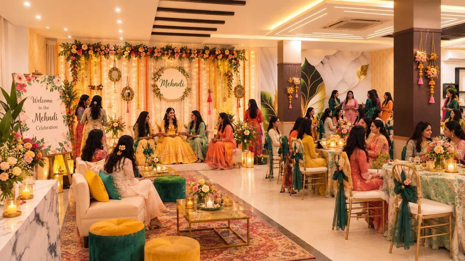 A well-lit indoor event space with a floral backdrop, seating arrangements, and a central stage area.
