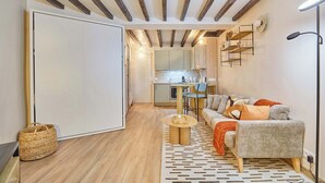 Un espace de vie compact comprenant un coin cuisine, un ensemble de canapés, un tapis à motifs et un panier en osier.