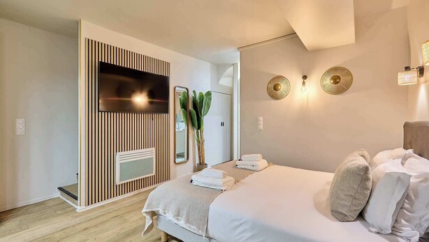 Un dormitorio con cama, televisor montado en un panel de madera, espejo y luces empotradas.