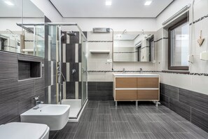 Shower, hair dryer, bidet, towels