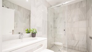 A modern bathroom with a glass-enclosed shower, a white sink, and a toilet. - 2-bedroom apartment in Central Antwerp (Antwerp Center)