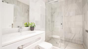 Een douche, een haardroger, een bidet, handdoeken