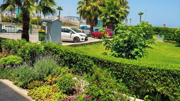 A well-maintained garden with various plants and a white car parked on the side of a road. - Le Vintage · Tanger Corniche - Sea view, private parking & terrace (Tangier)