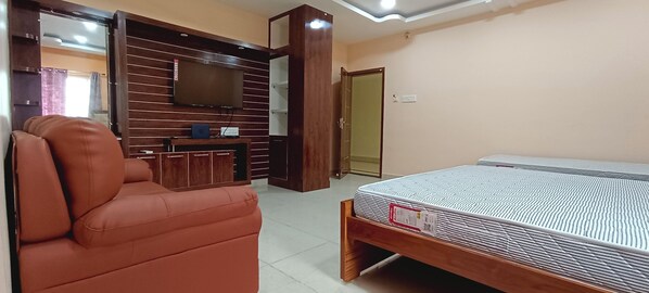 Un dormitorio con cama, sofá, televisor y armario.