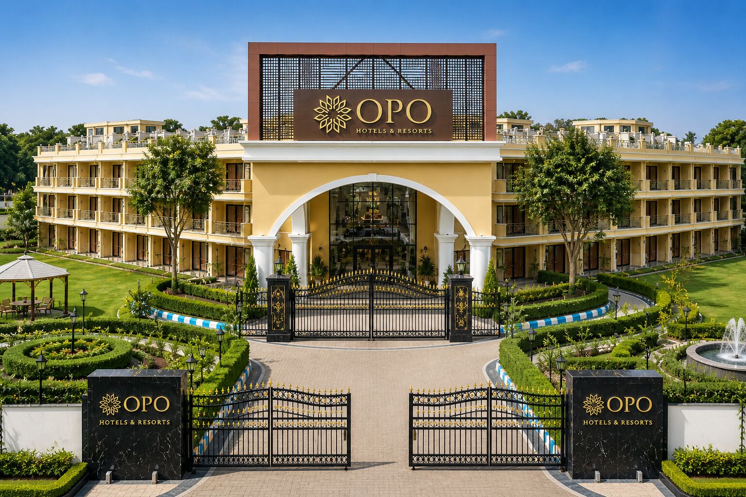 A hotel entrance with a large archway, a gated driveway, and well-maintained gardens.