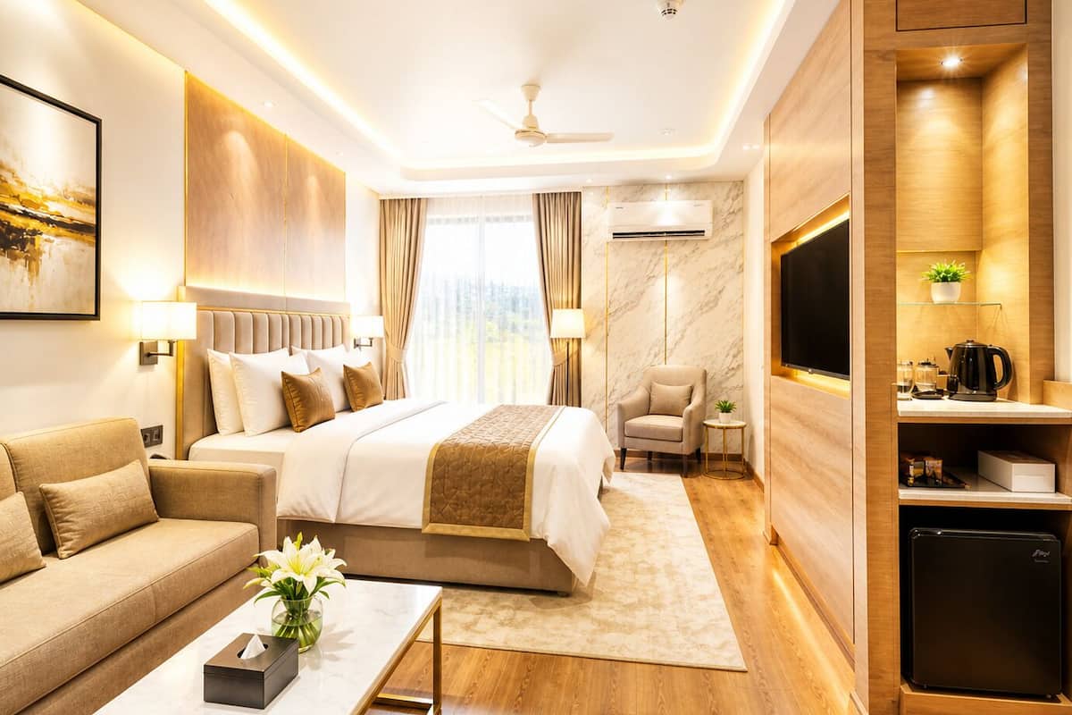 A modern hotel room with a bed, a sofa, a coffee table, a TV, a desk, and a refrigerator.