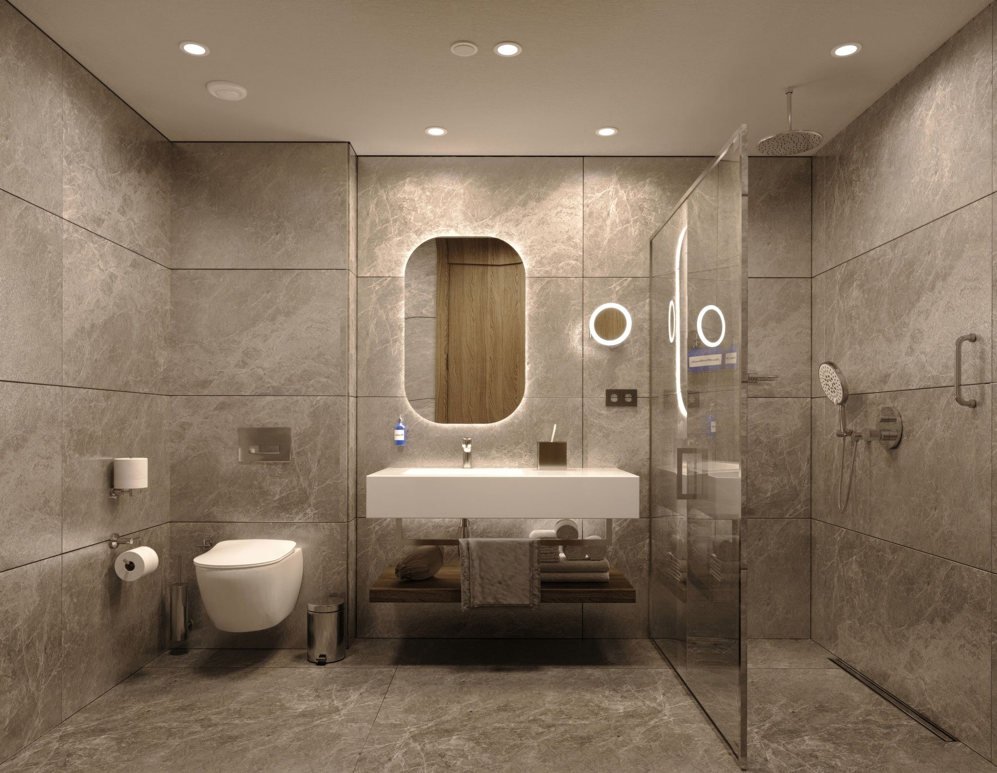 Ein modernes Badezimmer mit freistehender Toilette, einem Waschbecken mit Spiegel und einer Duschkabine.