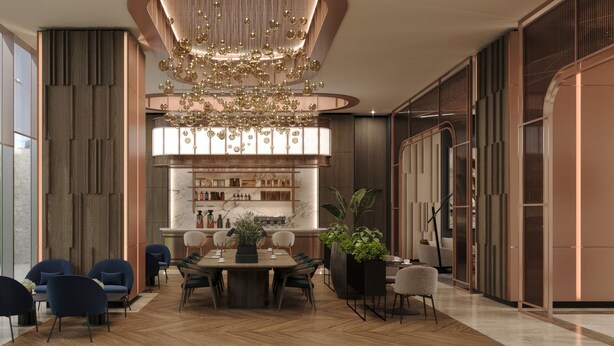 A modern interior with a dining area, a bar, and a large window.