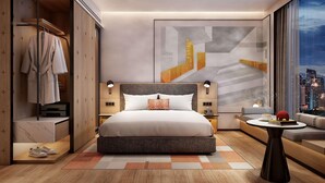 A modern hotel bedroom with a large bed, a wardrobe, a bedside table, and a view of the city through a large window.