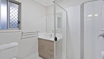 Hair dryer, towels, soap, toilet paper