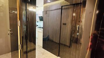 Shower, hair dryer, towels, soap