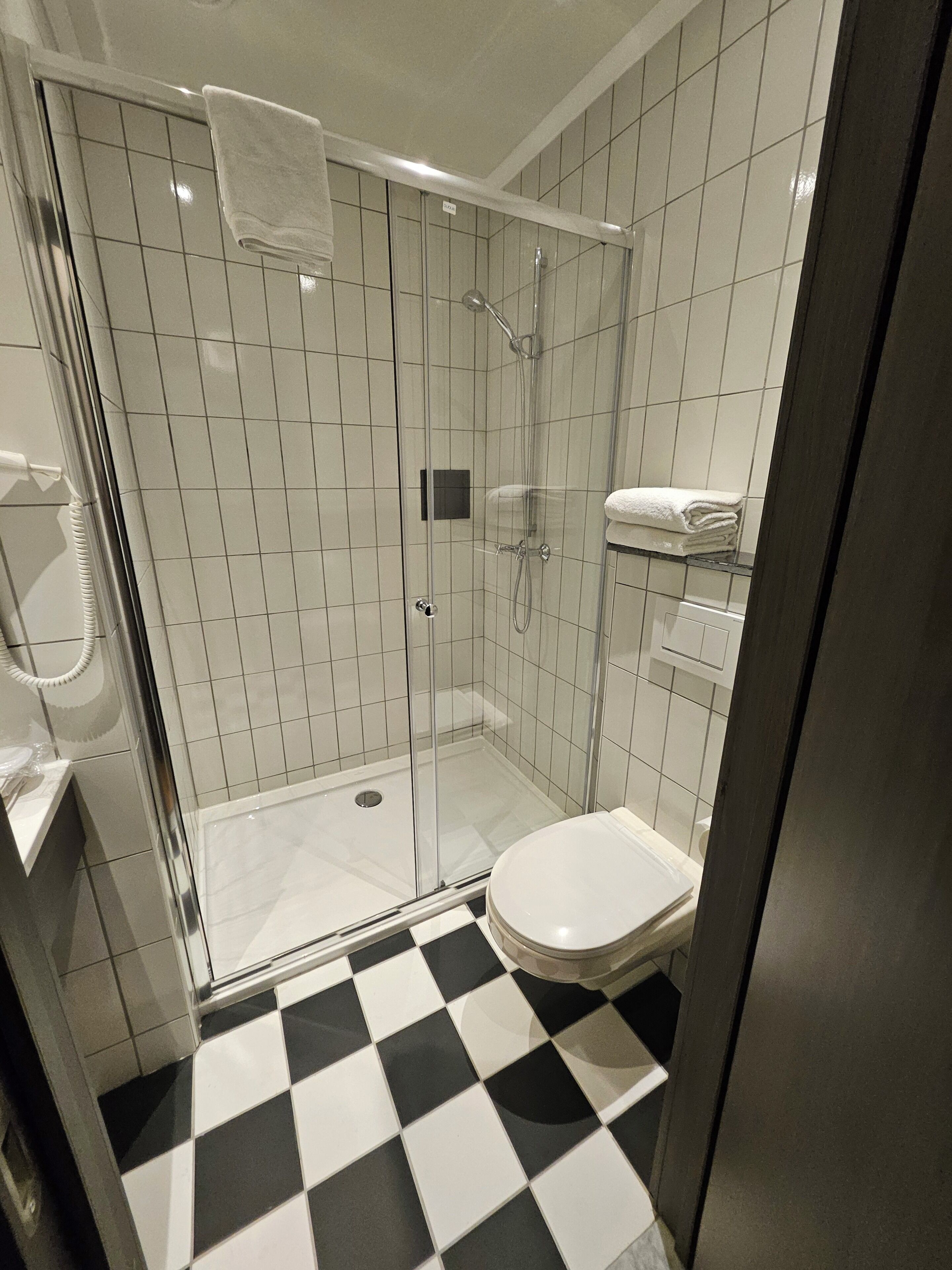 A modern bathroom with a glass-enclosed shower, a toilet, and a checkered floor.