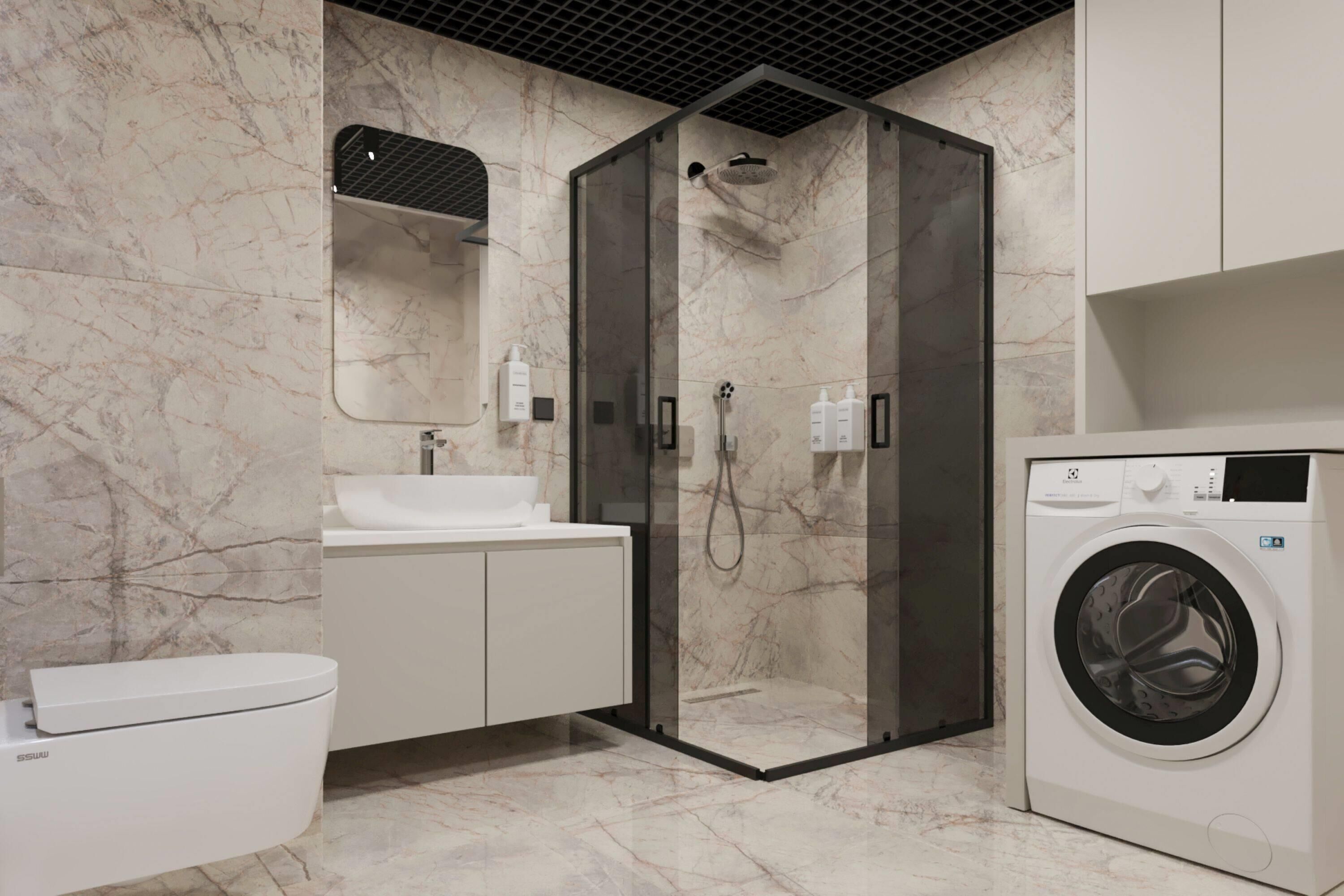 Une salle de bain moderne avec une douche à parois de verre, un lavabo blanc et un lave-linge à chargement frontal.