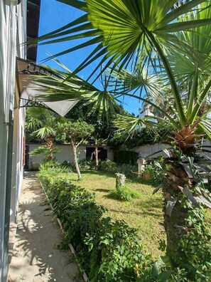 A garden with palm trees, a pathway, and a building with a balcony. - Oasis of Peace: three-room apartment with private garden a few steps from the sea (Fregene)
