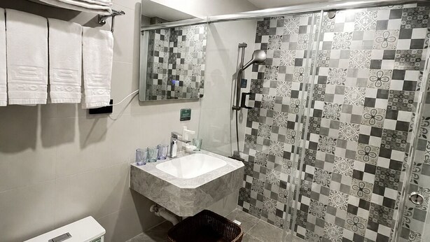 Een badkamer met toilet, wastafel en douche.