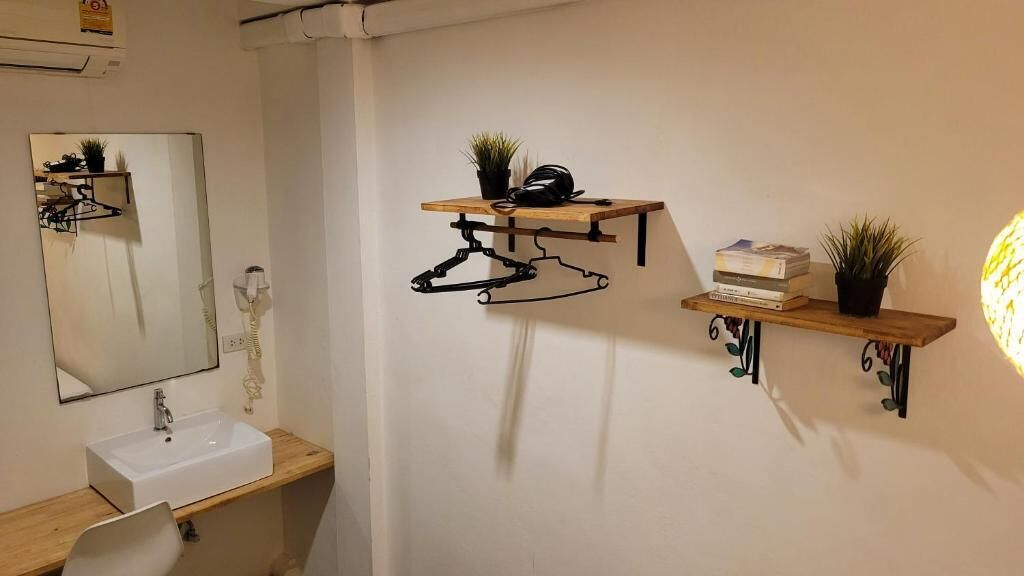 Ein Badezimmer mit Spiegel, Waschbecken und zwei Wandregalen mit Pflanzen und Büchern.