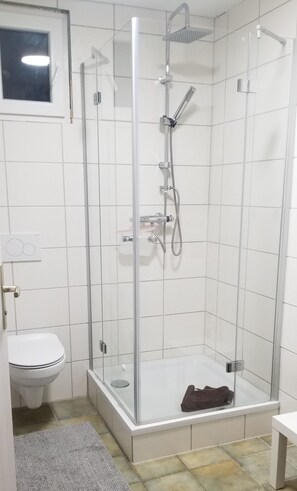 Douche, sèche-cheveux, serviettes fournies, savon