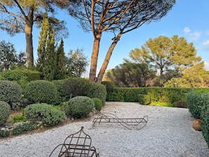 A garden with gravel paths, neatly trimmed hedges, and tall trees. - Quiet, secure house in a green setting (Cogolin)