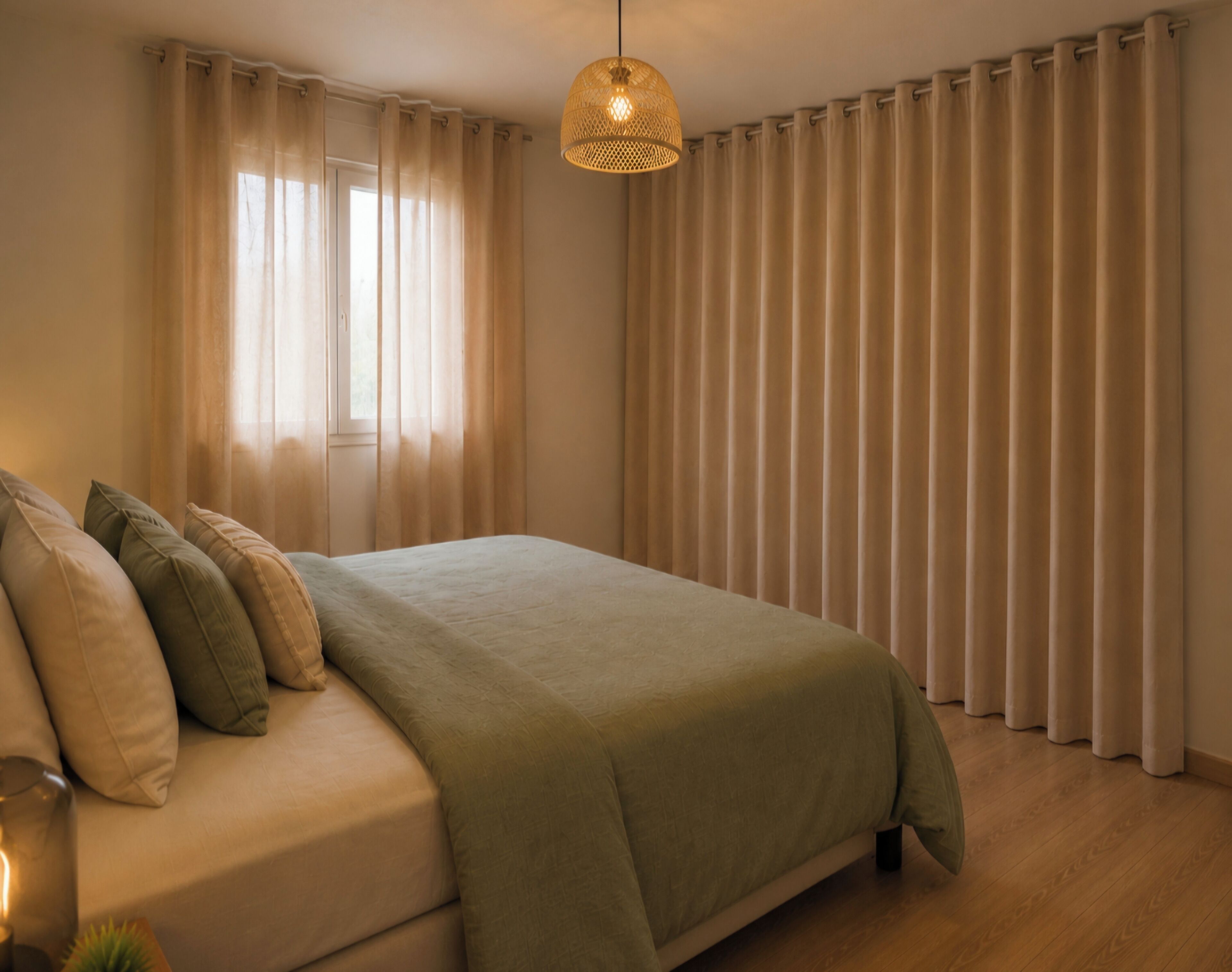 Une chambre à coucher avec un lit, des rideaux, un luminaire suspendu et une fenêtre.