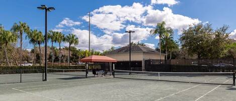 Un court de tennis en plein air doté d’une zone de sièges couverte, entouré de palmiers et avec un bâtiment en arrière-plan.