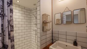 Shower, hair dryer, towels