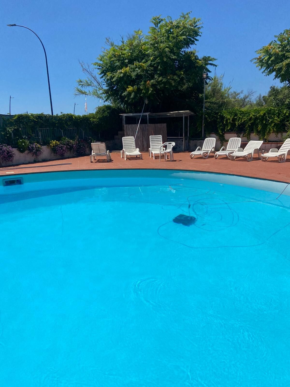 Une piscine entourée de chaises longues blanches, un espace de repos couvert et des arbres en arrière-plan.