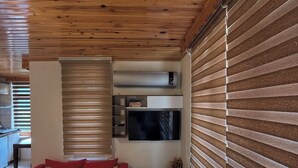 Una habitación acogedora con techo de madera, un sofá rojo, una cama, un televisor montado en la pared y un radiador.