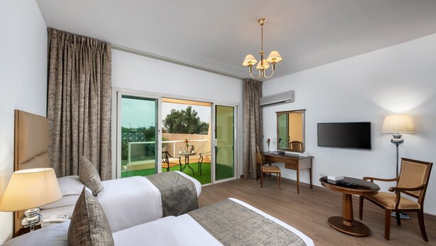 Habitación de hotel con cama, escritorio, silla, televisor y vistas a través de la puerta de vidrio.