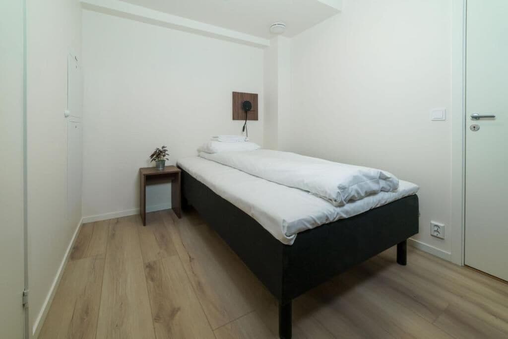 Una camera piccola con un letto singolo, pavimento in legno, un comodino con una pianta e un lampadario a parete.