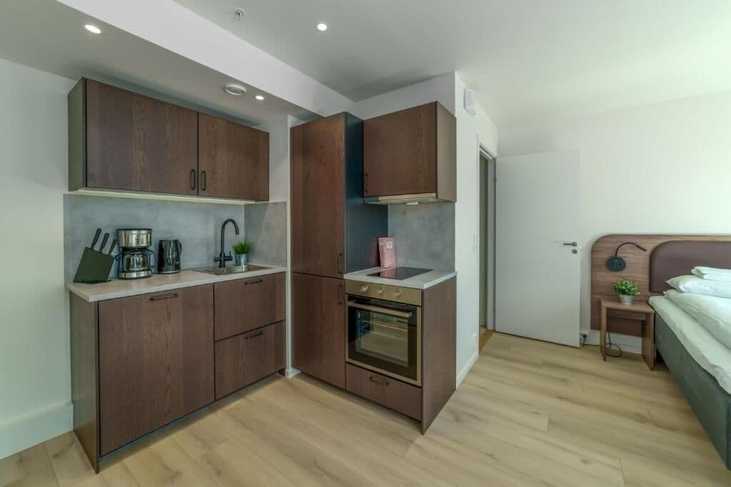 Superior Studio | Private kitchen | Full-sized fridge, oven, stovetop, dishwasher