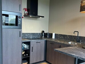 Fridge, microwave, dishwasher, coffee/tea maker - Private Sauna at Wellness Lodge in Drenthe (Dalerveen)