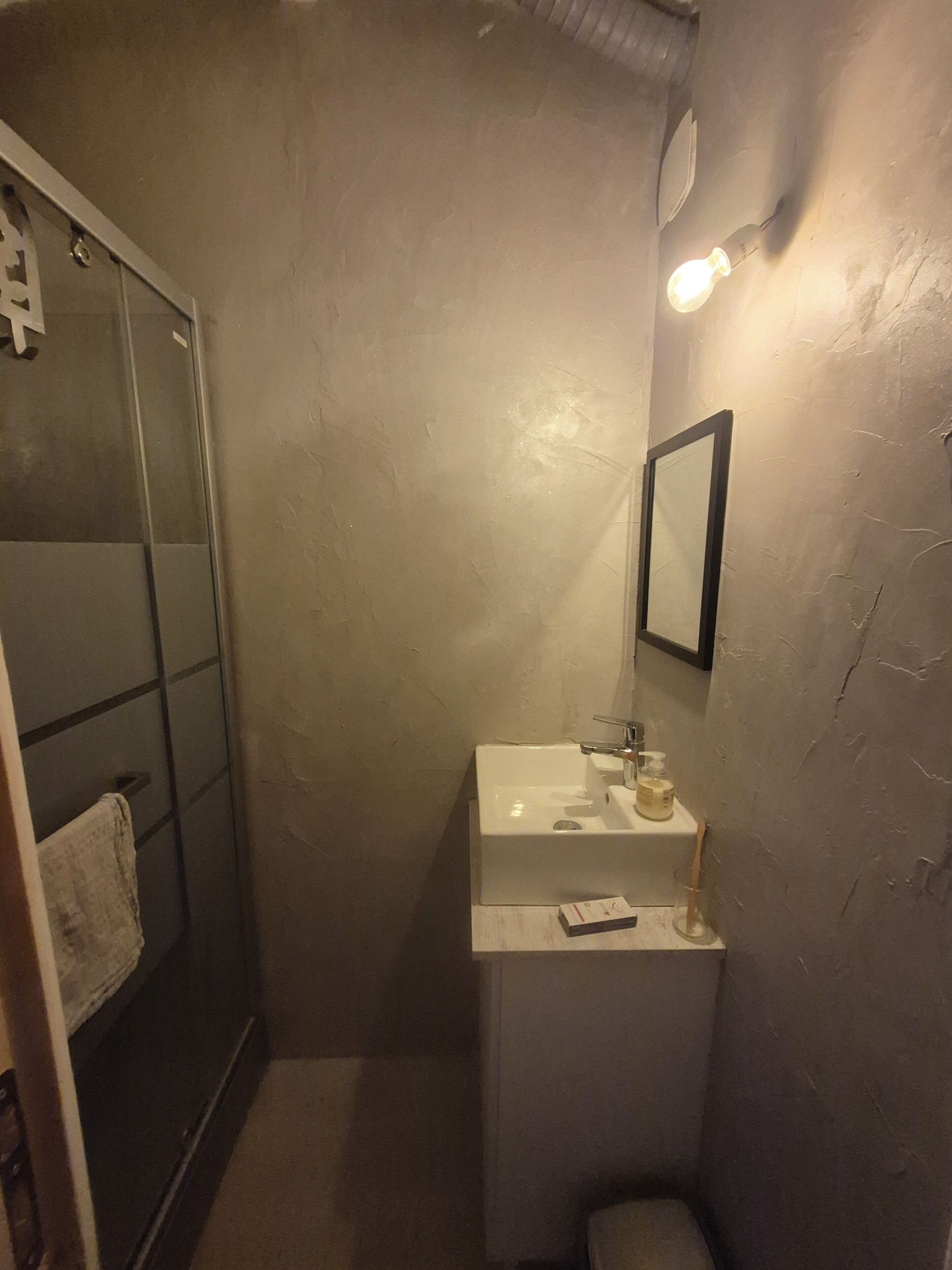 A bathroom with a shower, sink, and mirror.