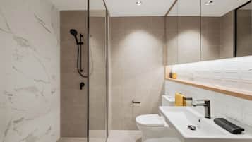 Hair dryer, towels, soap, toilet paper