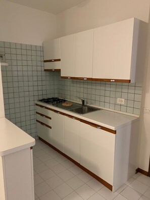 Kühlschrank, Herdplatte, Kochgeschirr/Geschirr/Besteck, Gewürze