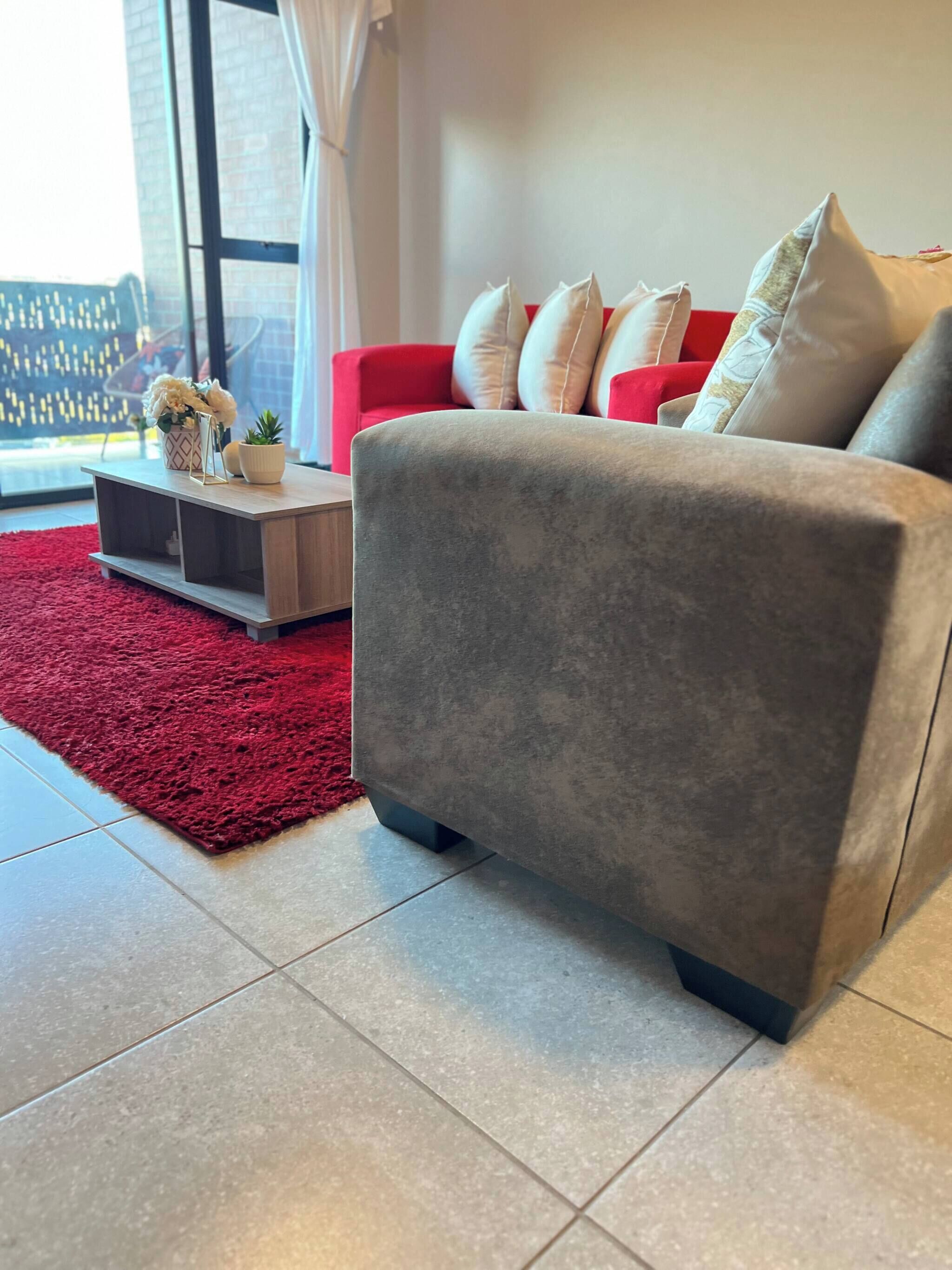 Un salon moderne avec un canapé gris, des coussins rouges et blancs, un tapis rouge et une petite plante posée sur une table basse en bois.