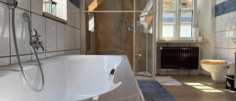 Hair dryer, towels, soap, toilet paper
