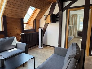 Ein modernes Schlafzimmer im Loft-Stil mit schrägverdeckter Decke, Dachfenster, einem Standheizkörper, einem Flachbildfernseher und Blick ins angrenzende Badezimmer.
