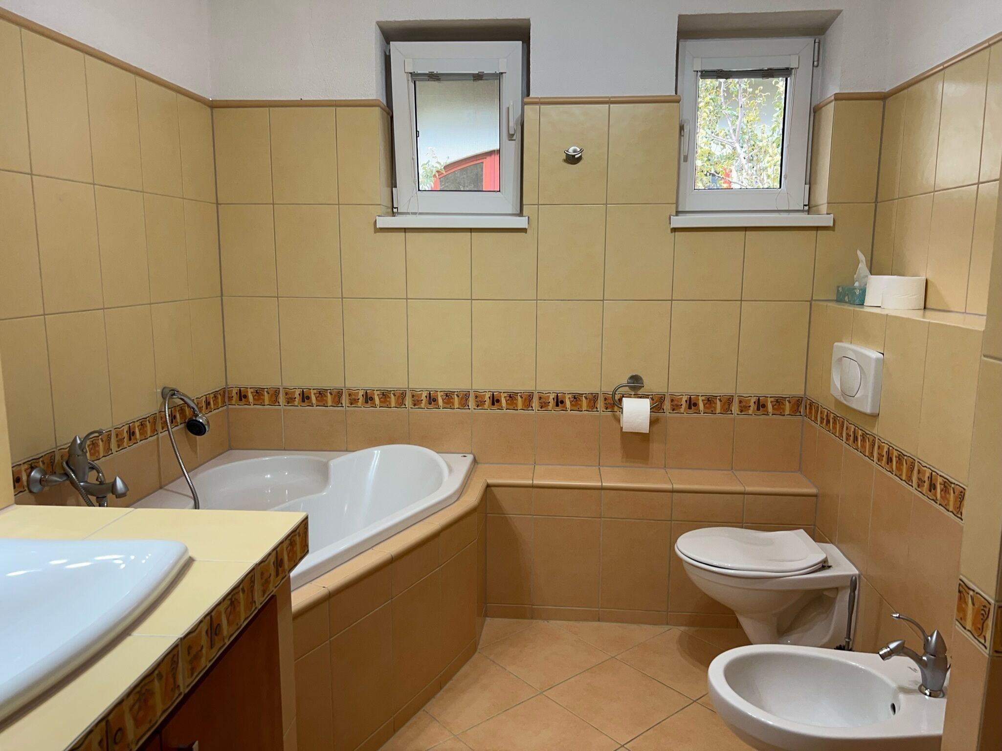 Une salle de bain avec une baignoire, des toilettes, un lavabo et deux fenêtres.