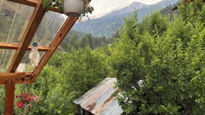 A greenhouse with a wooden frame, a hanging flower pot, and a view of a mountain landscape. - Cozy, Aesthetic Nature Retreat: Feel Your Soul in the Village Soil (Soil)