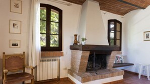 Une pièce avec une cheminée, un radiateur, une chaise et une fenêtre.