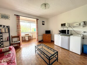 Ein kompakter Wohnbereich mit Küchenzeile, Essplatz, Sofa und Fernseher.
