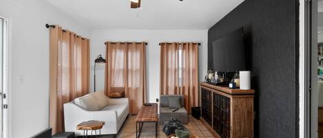 TV, fireplace, books, stereo