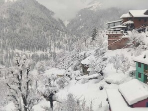 A mountainous area with snow-covered trees and buildings. - Suraj Guest House And Cafe (Tosh)