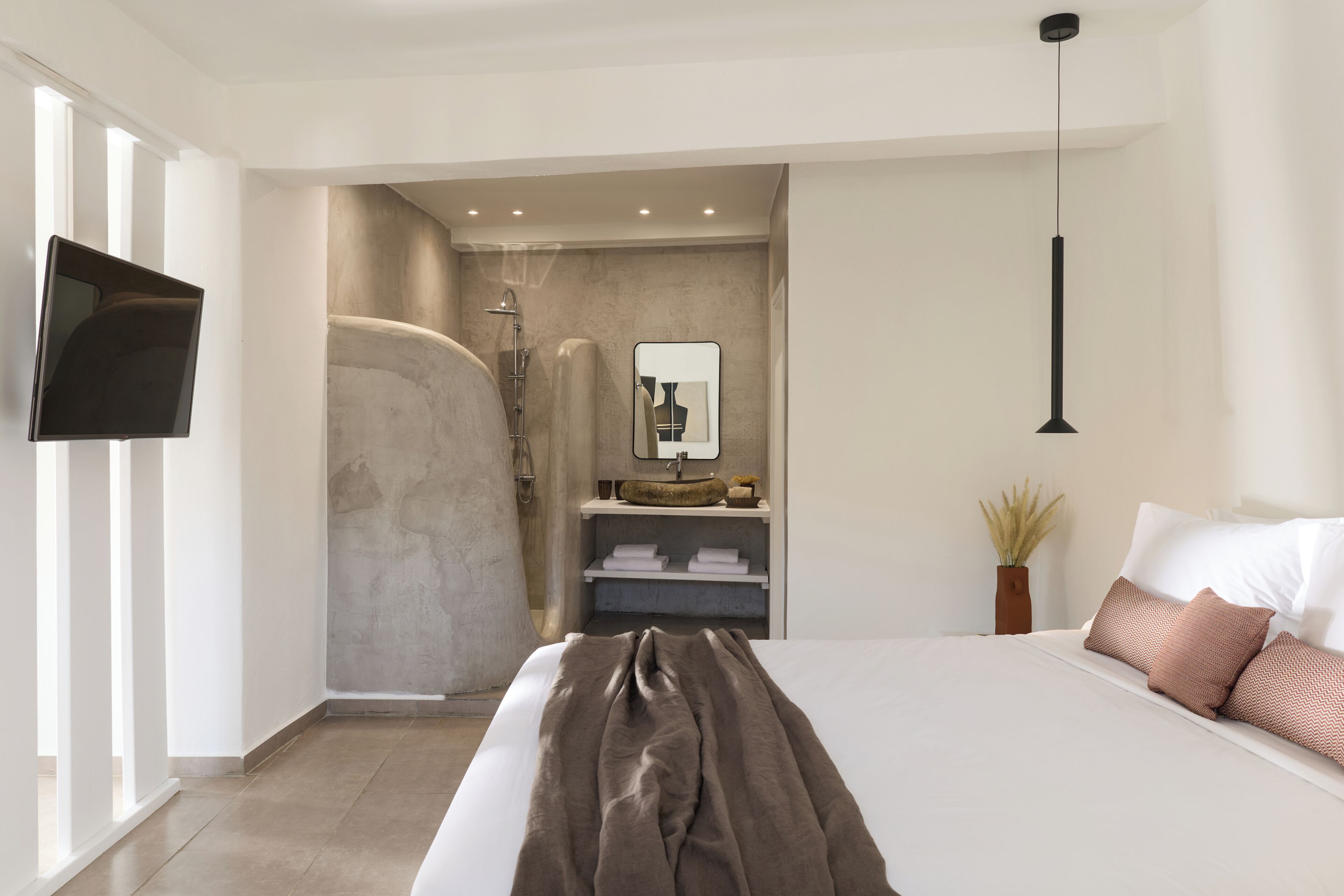 A modern bedroom with a large bed, a flat-screen TV mounted on the wall, a built-in shower, and a bedside table with a vase of dried plants.