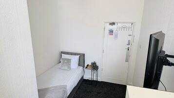 A small, single-bed room with a grey carpet, a bedside table with a plant, a black lamp, and a television on a stand.