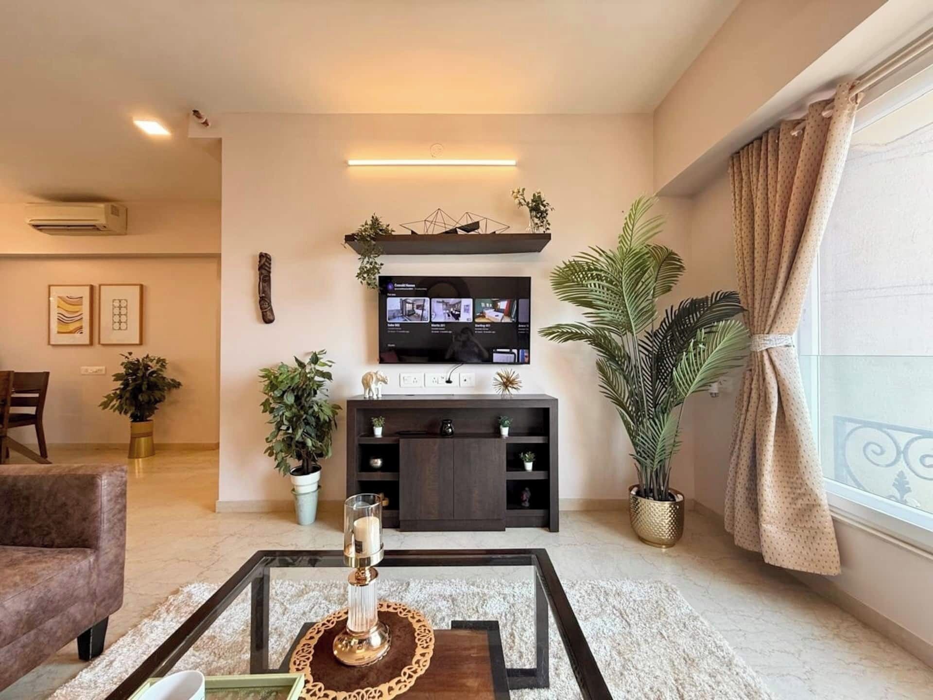 A living room with a TV, sofa, coffee table, and potted plants.