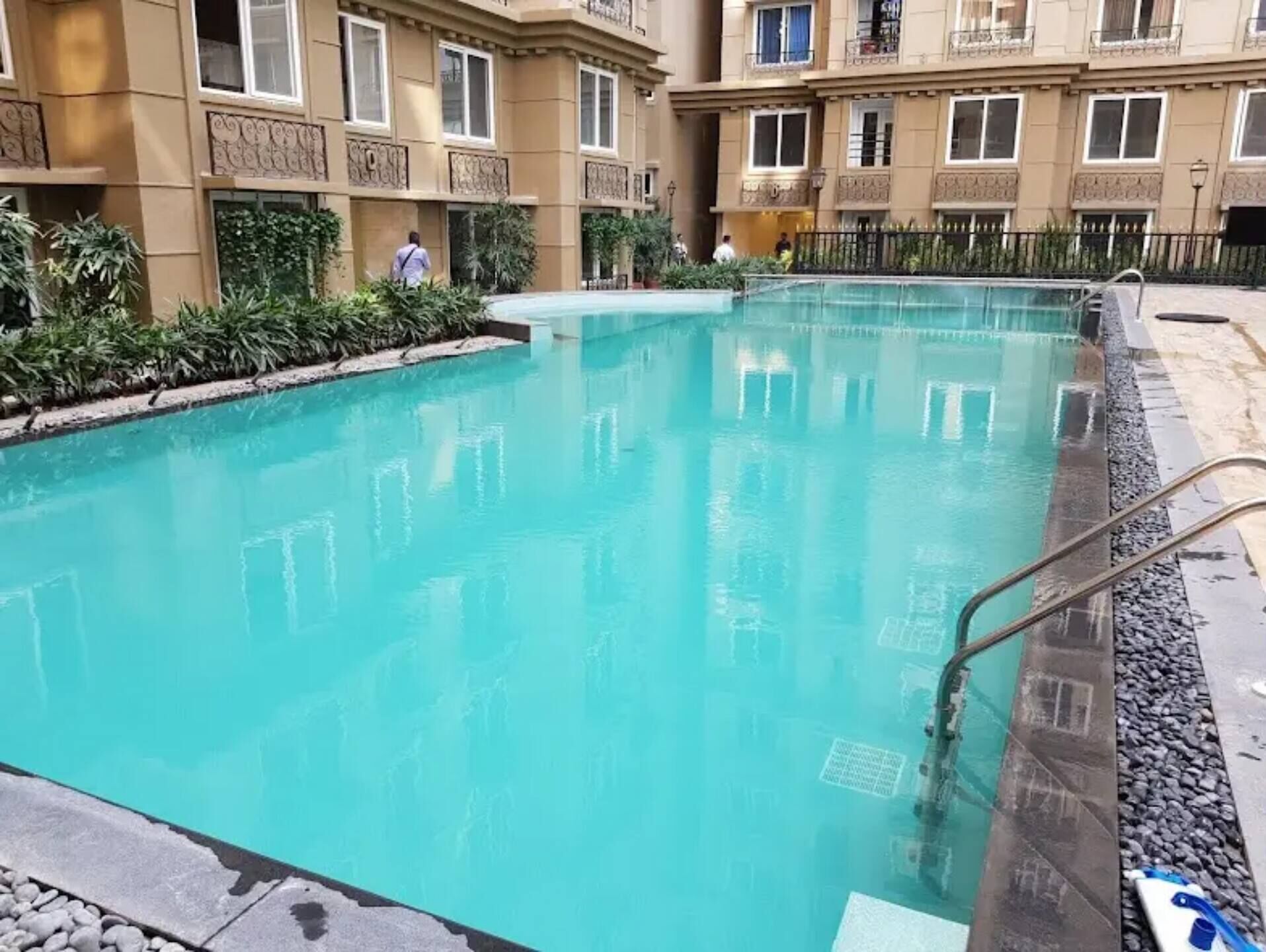 A swimming pool with a metal ladder, surrounded by a stone border and plants.