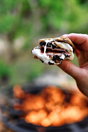 Une main tenant un s'more, avec un feu de camp en arrière-plan.