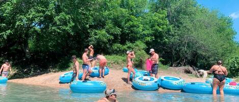 A group of people on inflatable rafts in a body of water with trees in the background.